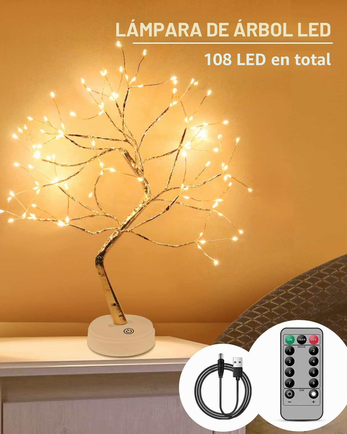 Arbol Luces LED, 108 LED Arbol Lampara Mesa, 8 Modos de Luz y Operación de Control Remoto y Temporizador, Adecuado para Decoración del Hogar, Navidad, Regalos