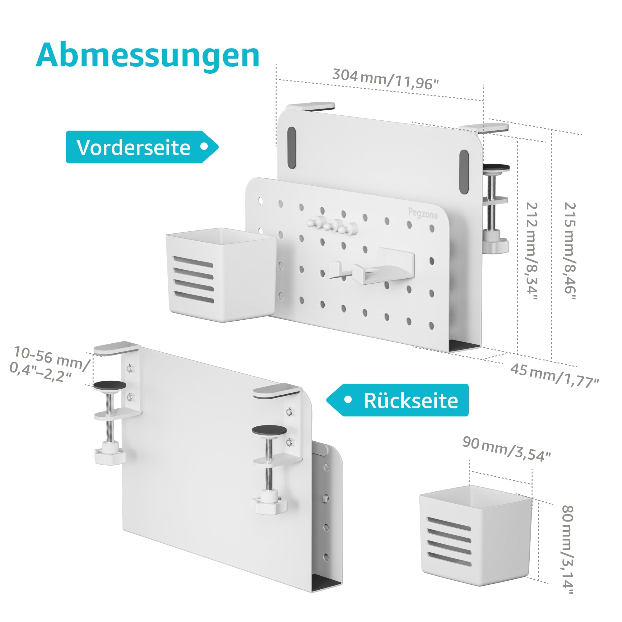 PEGZONE Schreibtisch Seitenaufbewahrung, Untertisch Laptop Halterung Aufbewahrung, Bohrfreier Laptop-Halter, Hängende Laptop-Halterung, Passt für flache Kanten von 1 cm bis 5,6 cm, Weiß