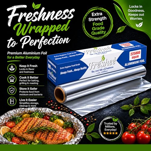 Image of Freshee 225000sqcm Aluminium Silver Kitchen Foil Roll Paper Pack of 4, Food wrap, Disposable Food Parcel for Fresh Food