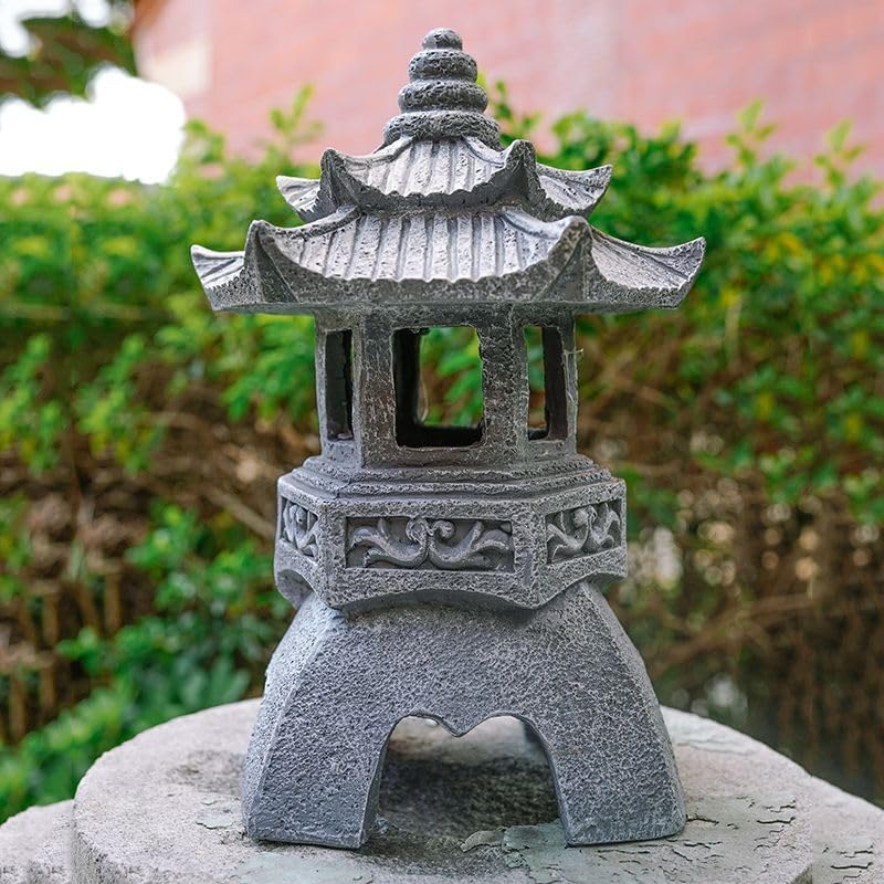 Zen Solar Pagoda Lantern Garden Statue, Resin Pagoda Garden Statue Decorative Lantern, Indoor/Outdoor Solar Lights Zen Asian Decor for Landscape Balcony, Garden, Patio, Porch Yard Art Ornament