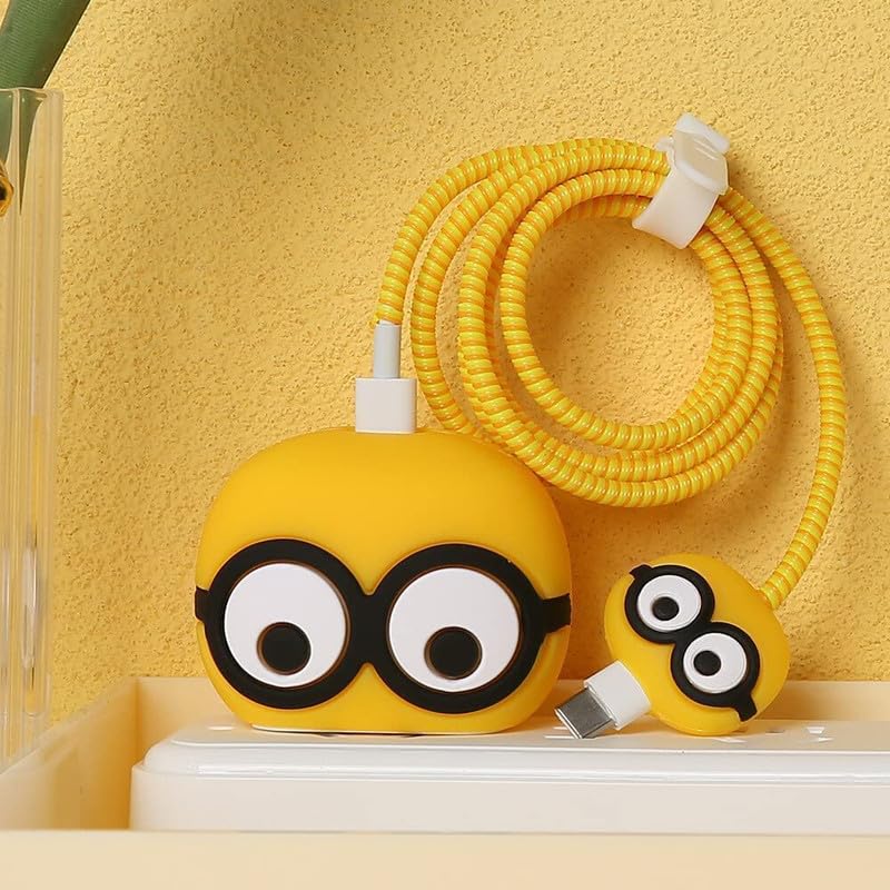 Image of DIVERTS Charger Case Cover 360 Degree Full Protection Cover Funny Cartoon Character Compatible for iPhone 18-20W Silicone Protective Charger Cover Cable Protector (Mini Eys Yellow Design)