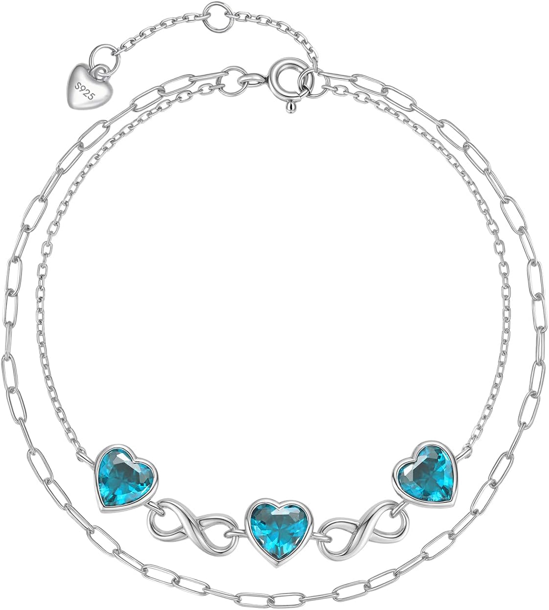 Sterling Silver Birthstone Bracelet for Women, Lucky Four Leaf Clover & Infinity Heart Layered Adjustable Bracelet, Personalized Jewelry Anniversary Mothers Day Birthday Gifts for Mom Wife Girlfriend