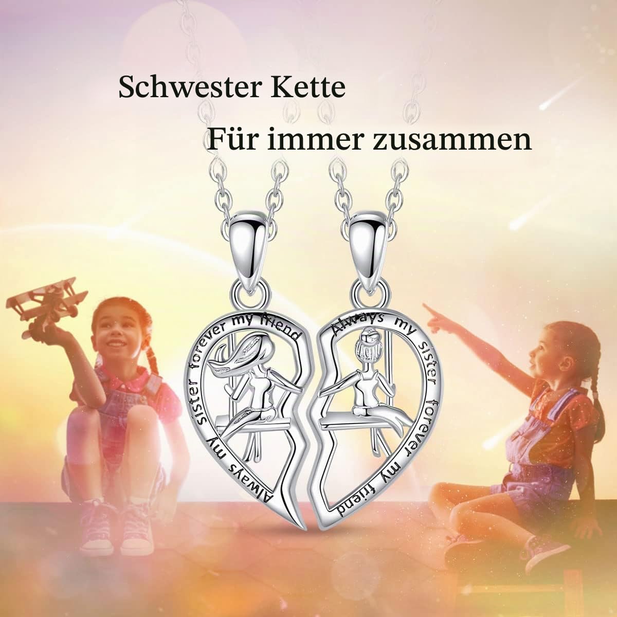 AEONSLOVE Schwester Kette Silber 925 Beste Freundin Anhänger Halskette für 2, Schmuck Geschenk für Freundschaft Schwester, 45,7 CM Kette