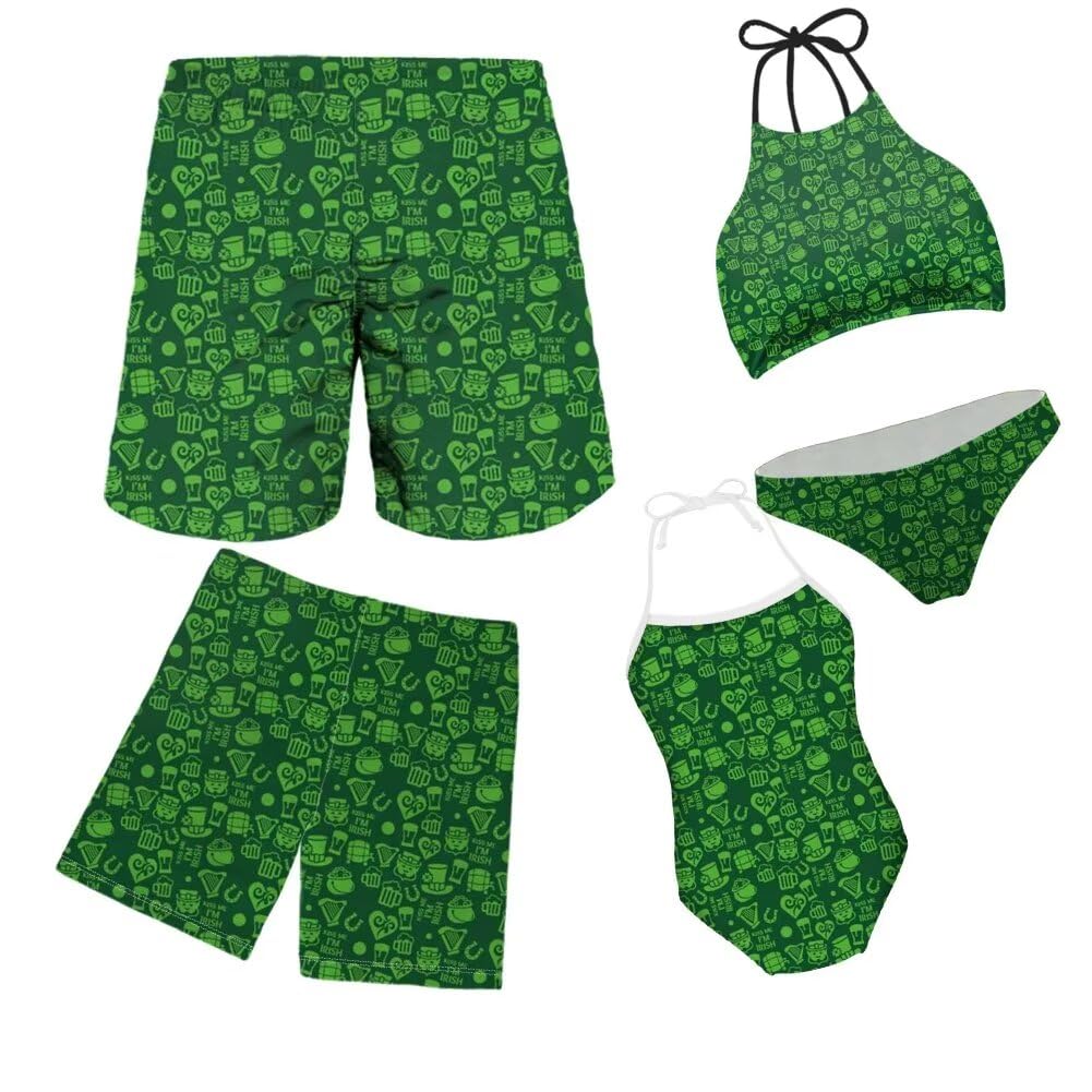 KEIAHUAN Family Swimsuits Matching Set Green, Big and Tall Swim Trunks, Athletic Workout Running Sport Shorts for St. Patrick’s Day-XL