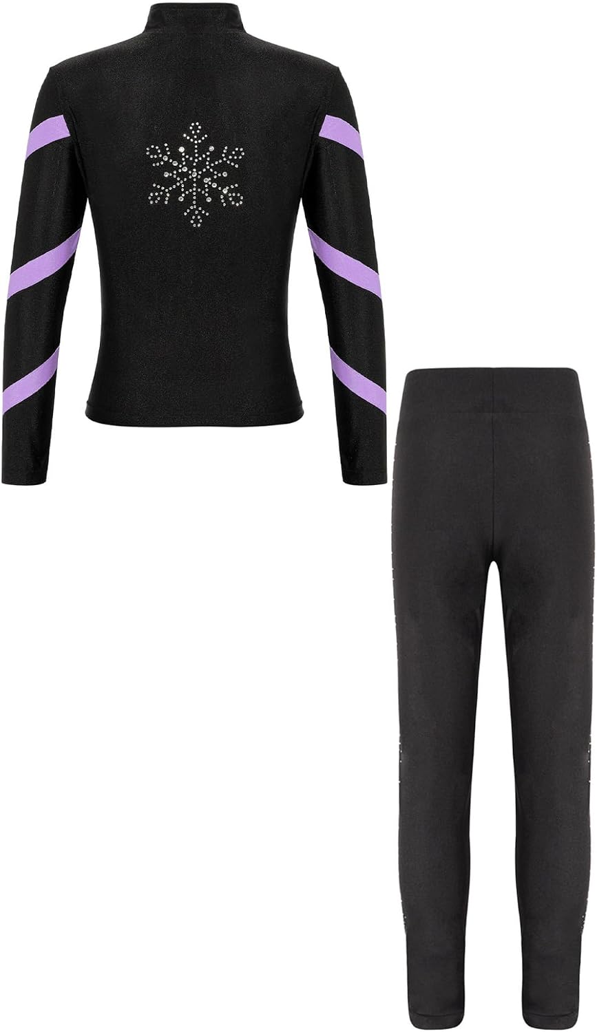 Kids Girls Figure Skating Pants Set Ice Skating Practice Leggings with Jacket 2 Piece Athletic Sports Outfits