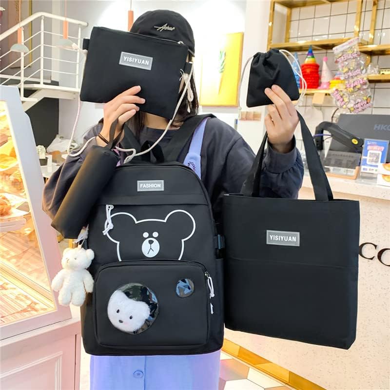 Miniatura 2 de Mochila de viaje con diseño de oso lindo para mujer, 5 piezas, con colgante kawaii, animé japonés, mochila escolar, Negro