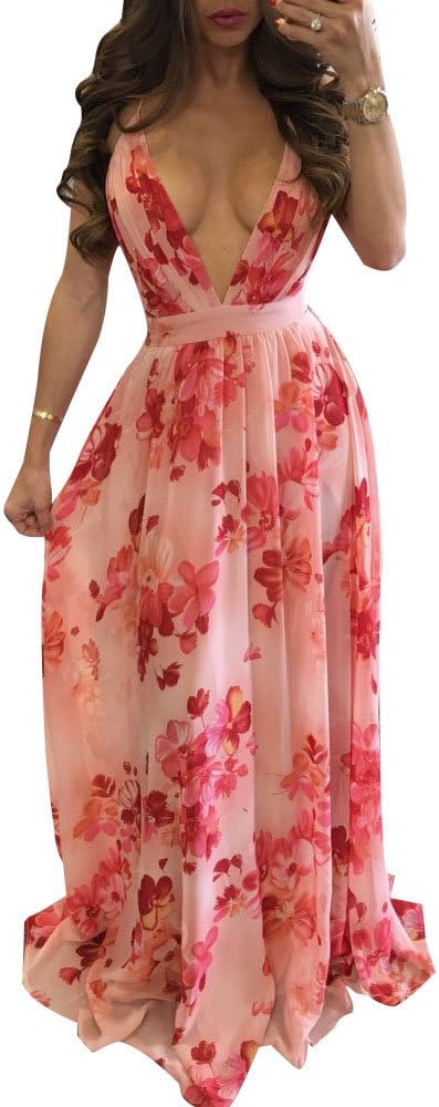 Remelon Womens Sexy Spaghetti Strap Deep V Neck Floral Boho Criss Cross Backless Chiffon Beach Party Long Maxi Dress