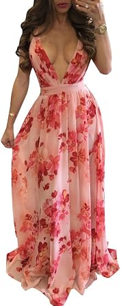 Remelon Womens Sexy Spaghetti Strap Deep V Neck Floral Boho Criss Cross Backless Chiffon Beach Party Long Maxi Dress