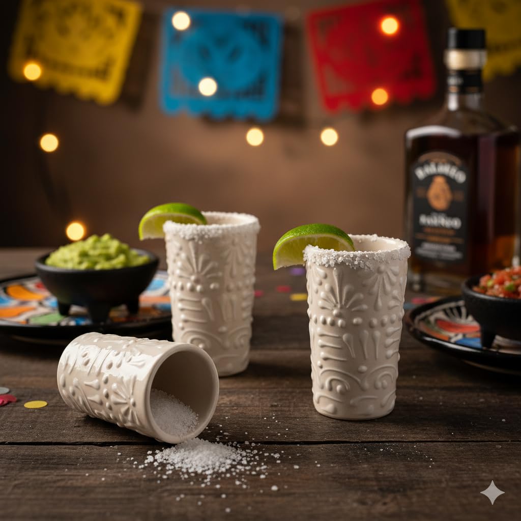 Talavera - Juego de 4 vasos de chupito auténticos de tequila mexicano, pintados a mano, 56.7 g (encaje blanco)