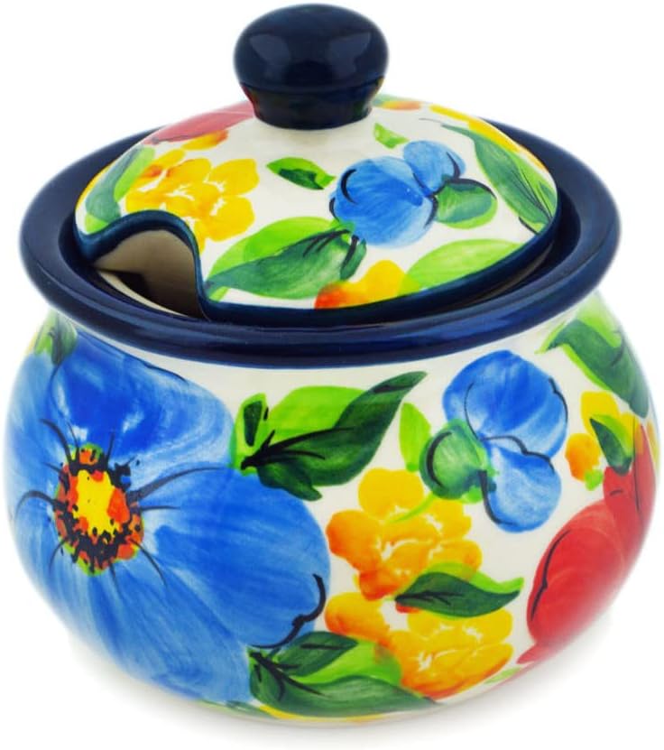 Polmedia Polish Pottery Sugar Bowl 7 oz UNIKAT - Feel-Good Florals Pattern Handmade in Boleslawiec Poland + Certificate of Authenticity