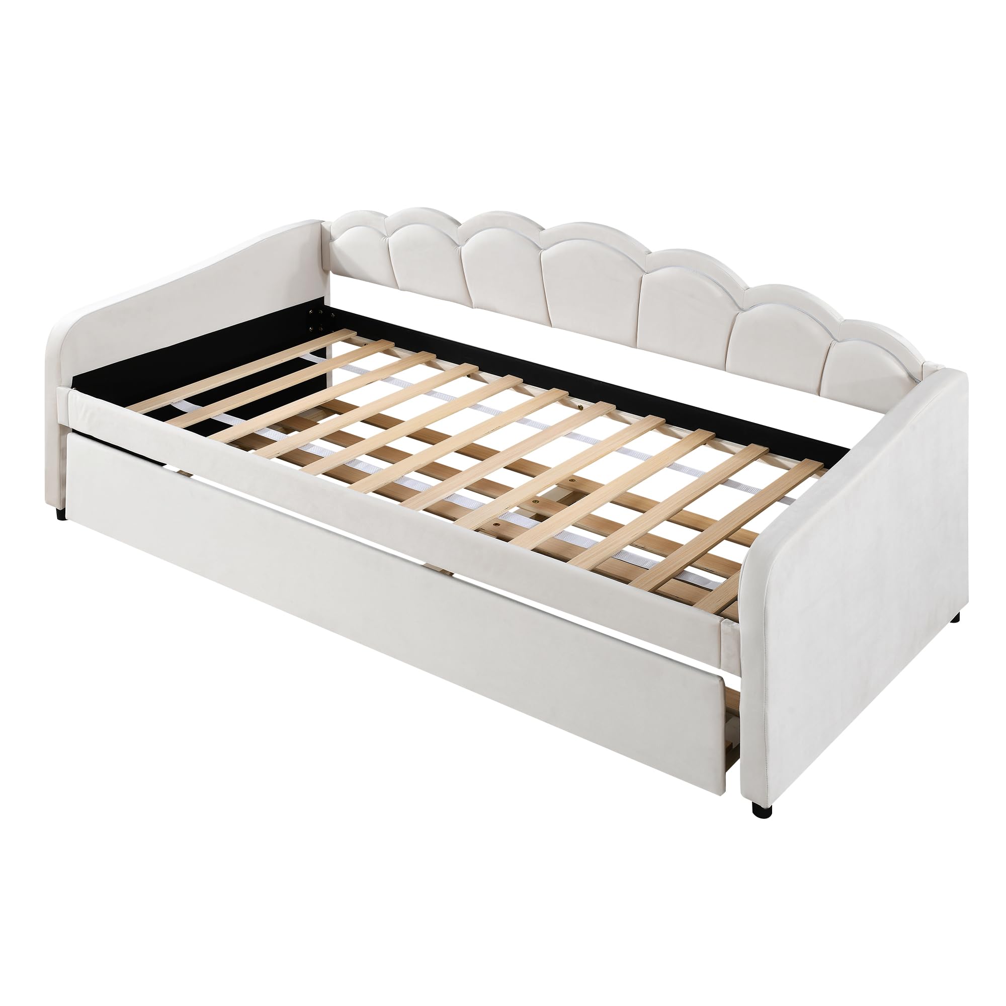 Letto da giorno, 90 x 200 cm, con letto estraibile, divano letto, letto singolo, velluto, luce ambientale che cambia colore, senza materasso (Beige)