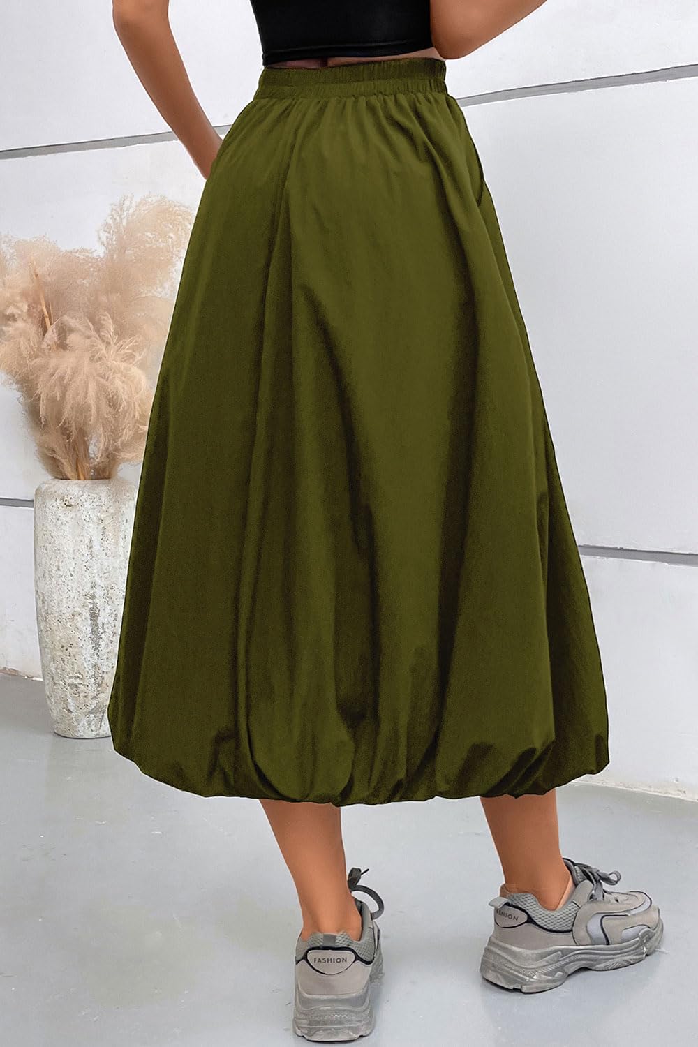 Women's Black Bubble Skirt Elastic Waist Casual Party Y2K Puffy Hem A-line Long Skirts with Pockets - Image 2