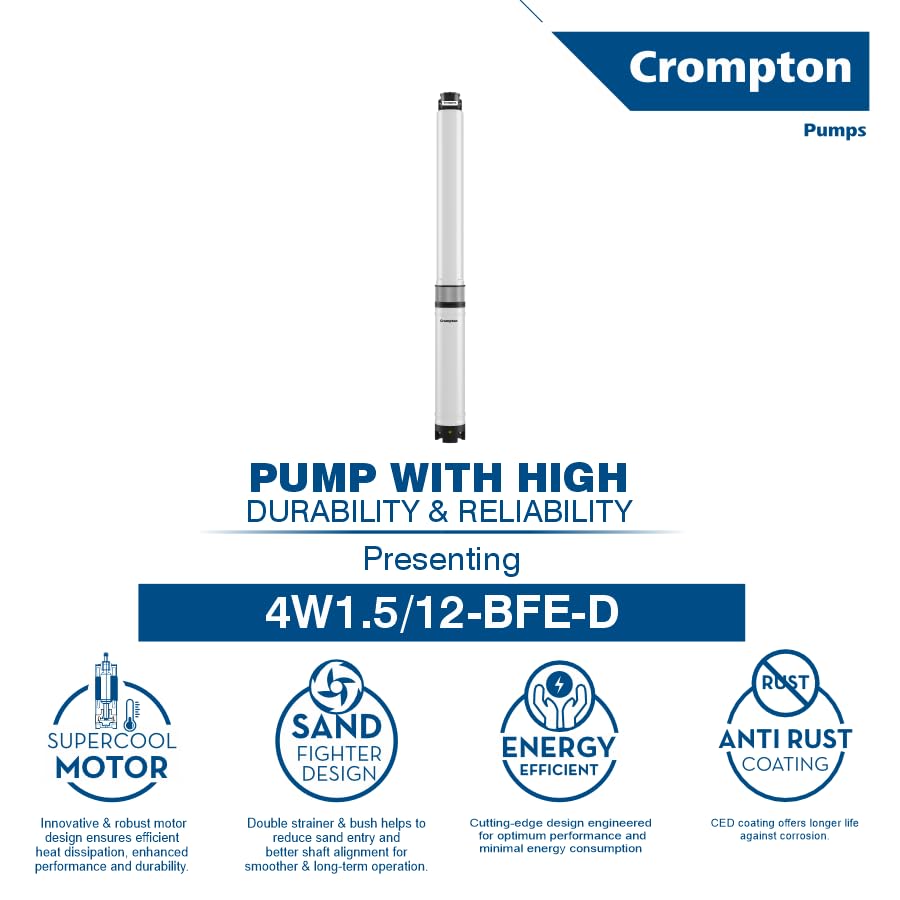 Image of Crompton Borewell Submersible | Water Filled | Dura Series | 18 Months Warranty | 1.5 HP | 12 Stages | Energy Efficient