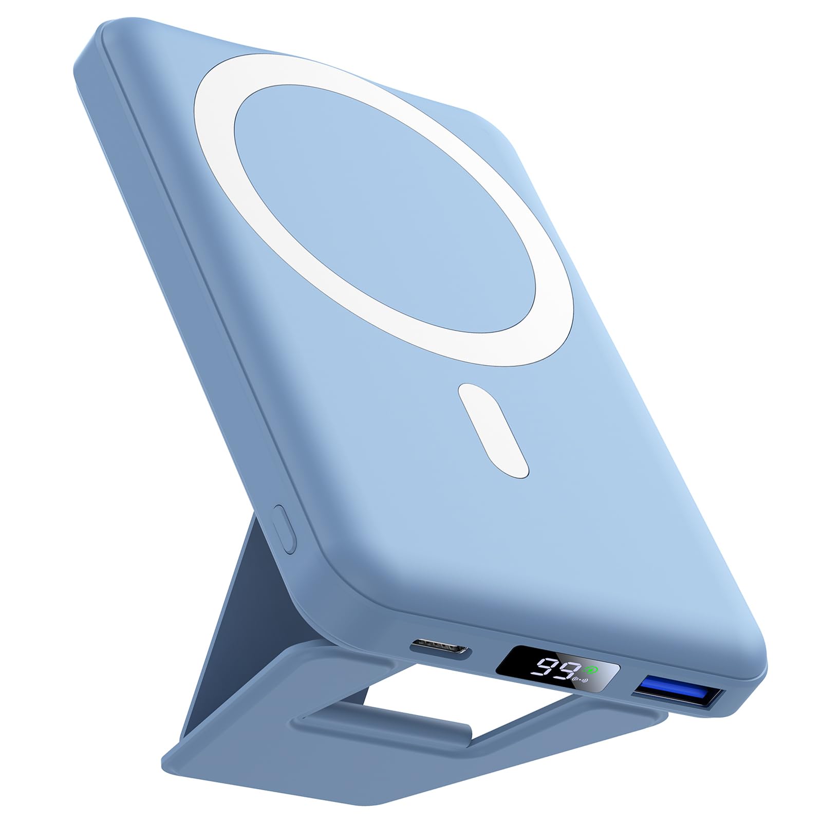 AOGUERBE Kabellose Powerbank, 10,000mAh Faltbarer Magnetische Power Bank PD 22,5W Schnellladen mit LED Display, Kompatibel mit MagSafe für iPhone 17/16/15/14/13/12/Pro/Pro Max Serie. (Sierra Blau)