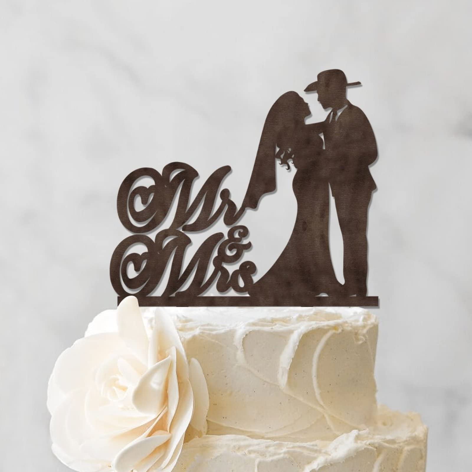 Personalized Wedding Cake Topper - Acrylic Bride & Groom Silhouette, Custom Mr & Mrs Calligraphy, 6" Height - View #7