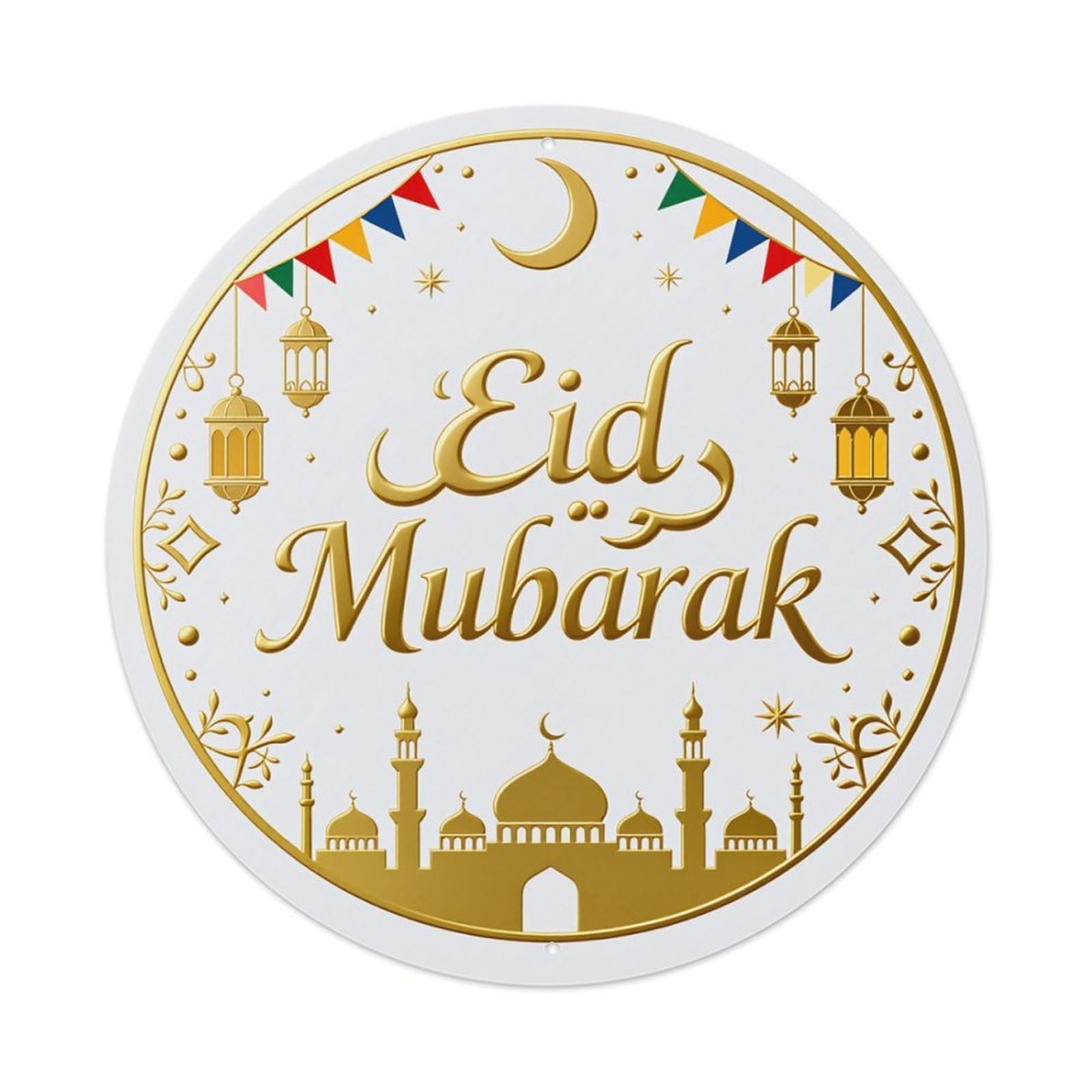 Eid Mubarak Golden Mosque Lanterns Round Tin Sign Retro Metal Sign for Cafe Bar Pub Home Game Room Gym Club Wall Decoration Vintage Metal Poster 8x8 Inch