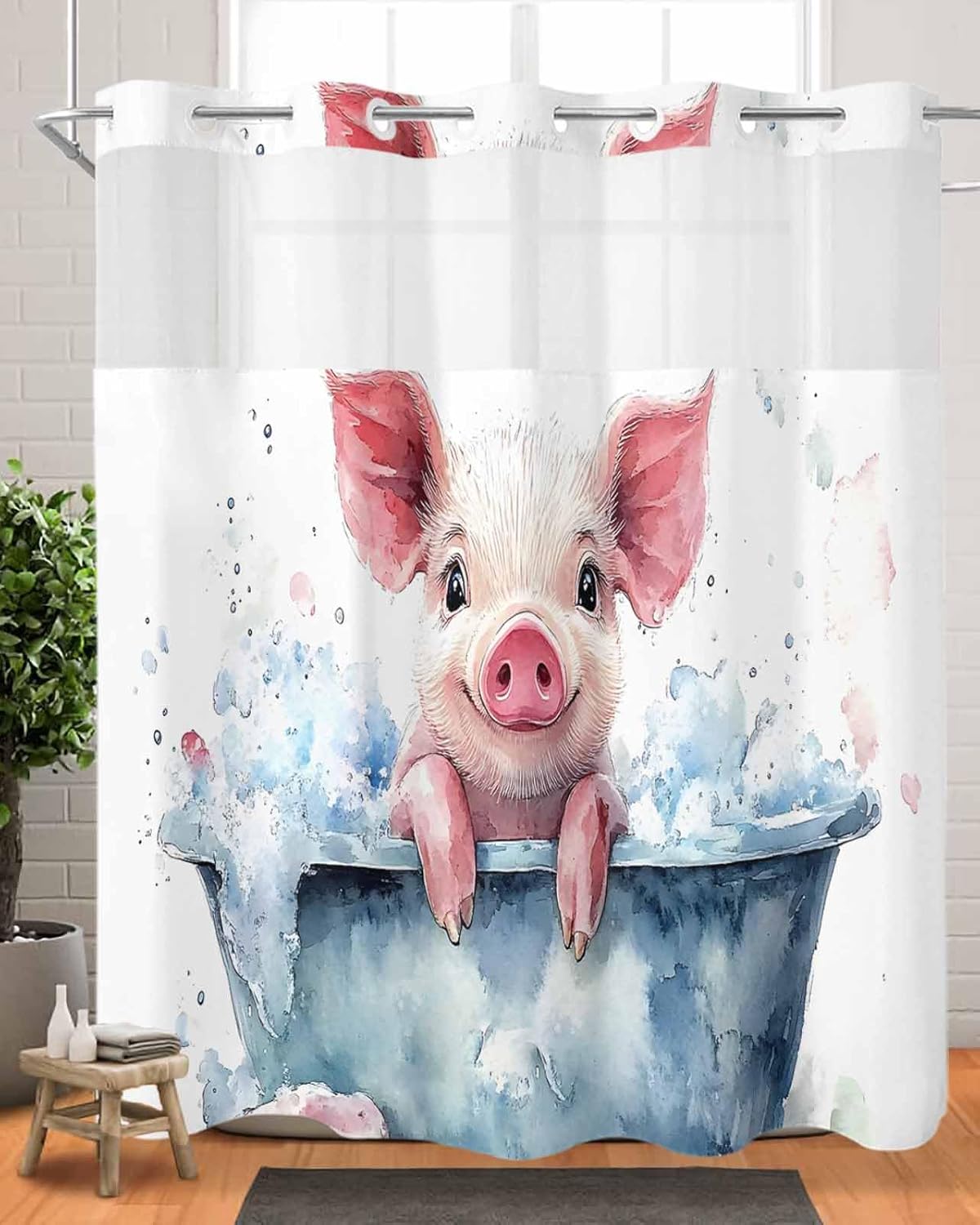 Cute Pig No Hook Shower Curtain with Snap in Liner Funny Pig Taking A Bath in The Bathtub Shower Curtain for Bathroom, Fabric Waterproof Inner Liner, Hotel Style with Mesh Top Window, 72x72