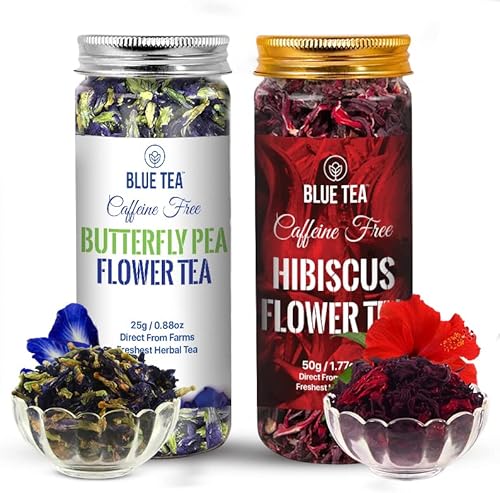 BLUE TEA - Combo Pack - Butterfly Pea Flower Tea (0.88 Oz) & Hibiscus Flower Tea (1.76 Oz) l Caffeine Free Herbal Tea - Vegan - Gluten Free - GMO-Free