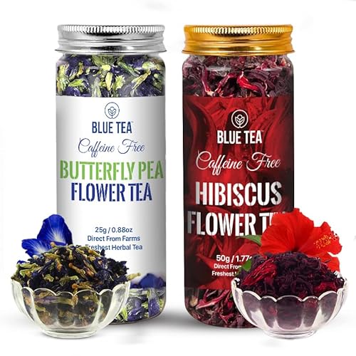 Blue Tea - Combo Pack - Butterfly Pea Flower Tea (0.88 Oz) & Hibiscus Flower Tea (1.76 Oz) L Caffeine Free Herbal Tea - Vegan - Gluten Free - Gmo-Free #TOP2