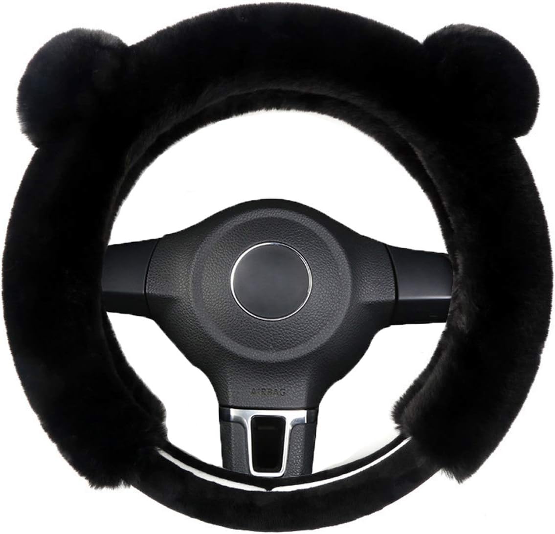 Universal Fluffy Steering Wheel Cover CXTIY Fashion Cute Cartoon Shape Winter Car Warm Covers for Women Girls (15 inch, Black)