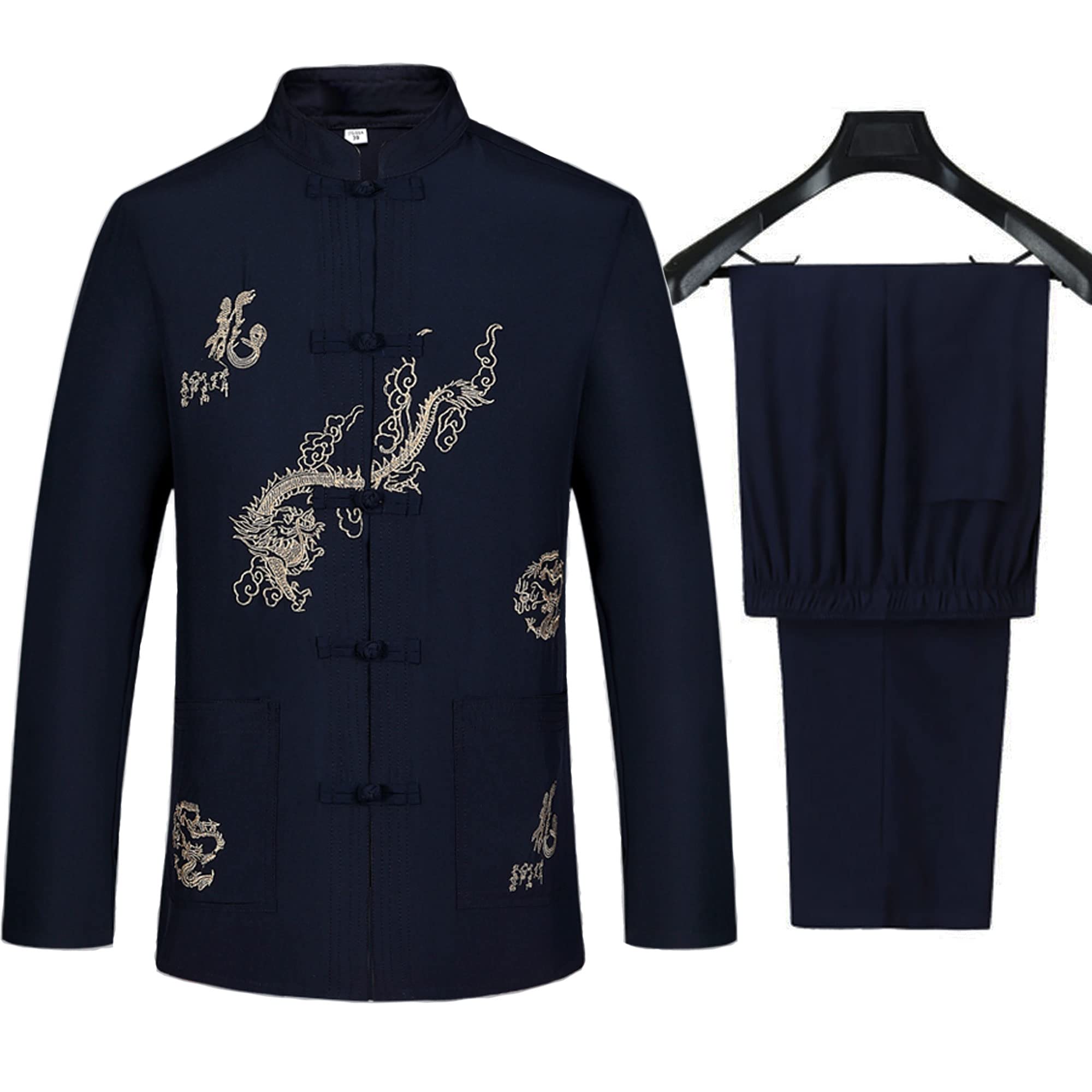 wecotton Kung Fu Uniform Tang Men Chinese Traditional Clothing Hanfu Martial Arts, Dark Blue, US M (Asia Size XL)