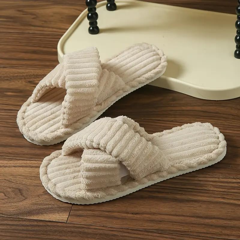 Image of SILENCIO Slippers for Women House Bedroom Furry Cross Bands Slide Shoes Anti-Skid Sole Open Toe Slippers Indoor & Outdoor