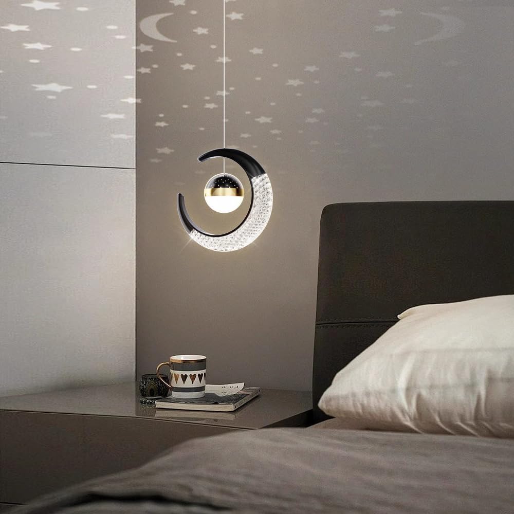 10W LED Lámpara Colgante Lampara Infantil, Lamparas de Araña Luna de Diseño Creativo Forma de Estrella, Dormitorio Lamparas de Techo Habitacion Los Niño Luz Colgante (Negro (Blanco cálido 3000K))
