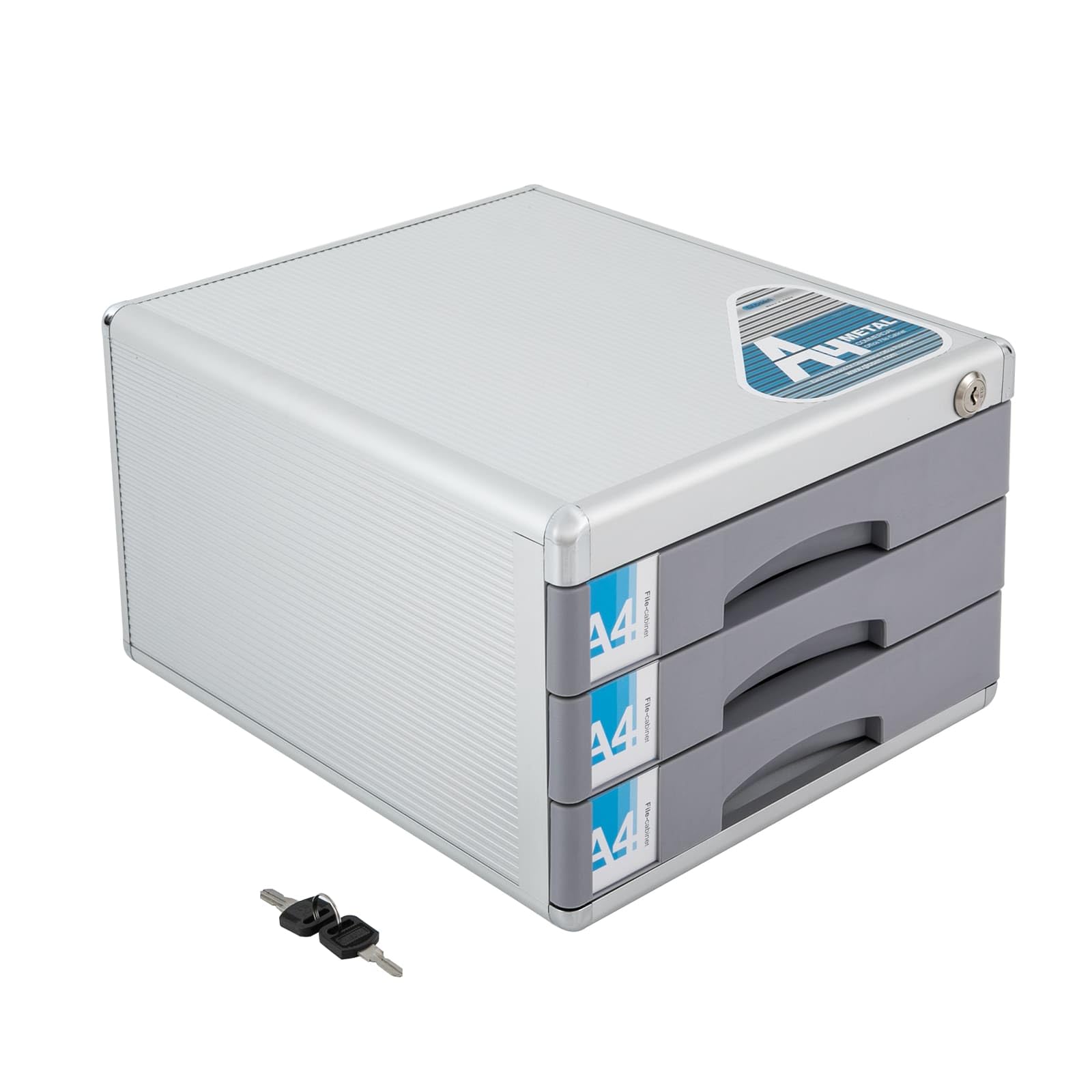 Organizzatore da scrivania in lega di alluminio a 3 livelli, scatola di immagazzinaggio file con cassetti e chiavi, bloccabile, ideale per riporre forniture per ufficio