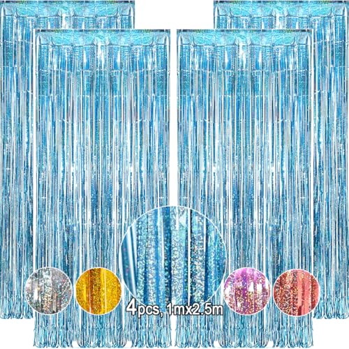 Oemg Cortinas De Espumillón Metálicas De Oropel 4 Pack Streamer Azul Telón De Fondo Cortina De Borla Fringe Cortina De Brillo Para Decoraciones Boda Fiesta De Cumpleaños 1x2,5m