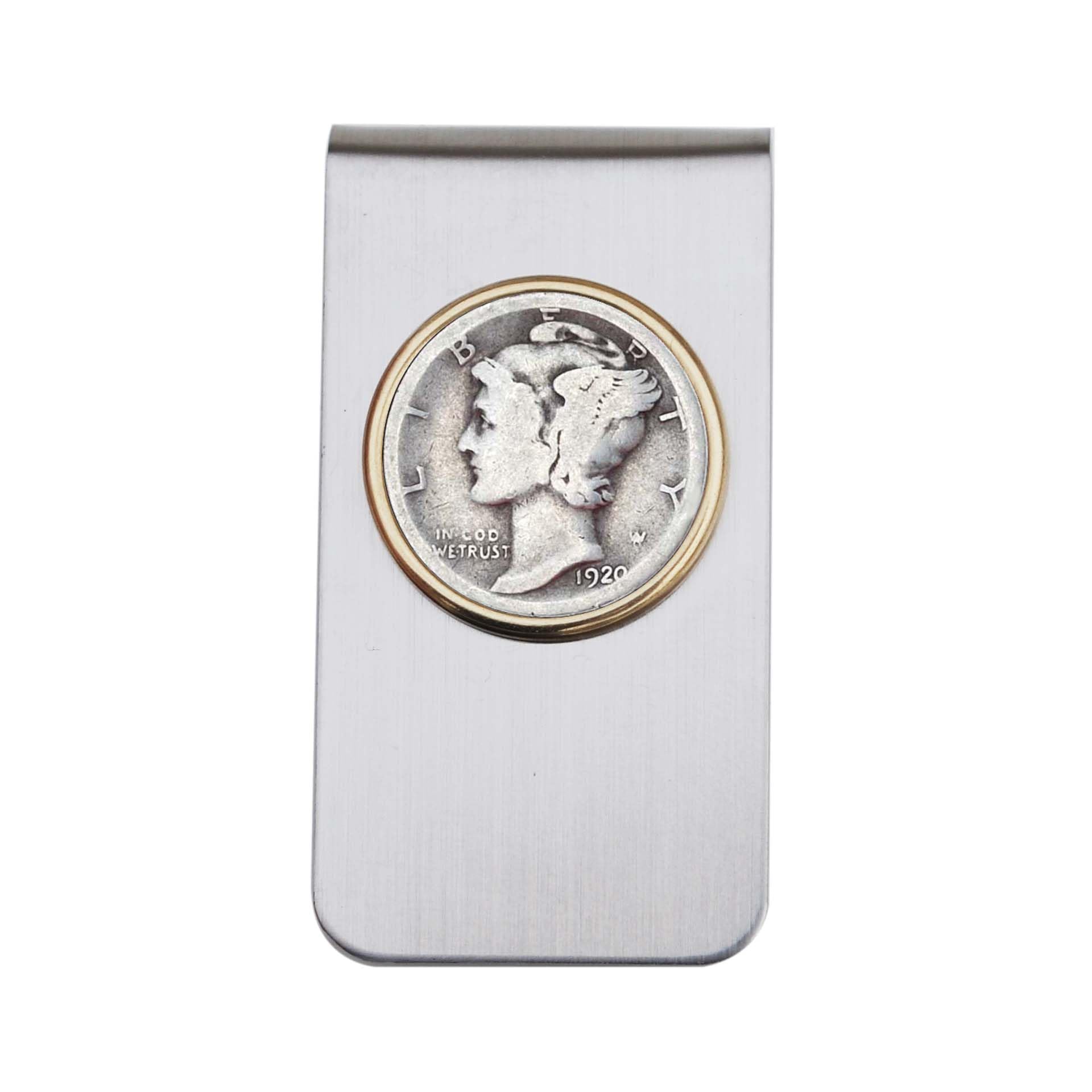 US 1920 Mercury Dime 90% Silver Average Circulated 10 Cent Coin Two Toned Stainless Steel Money Clip New