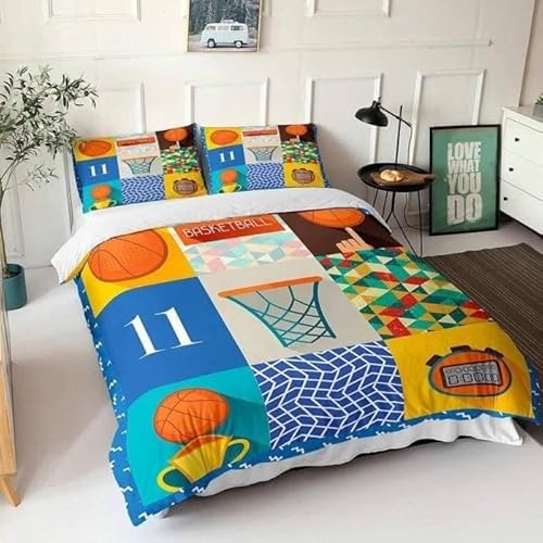 掛け布団カバー クイーン バスケットボール 全開ファスナー 抗菌防臭 防ダニ 通気性 洗い替え速乾 ポリエステル 布団カバー (210x210cm) + 2 枕カバー(43x63cm)