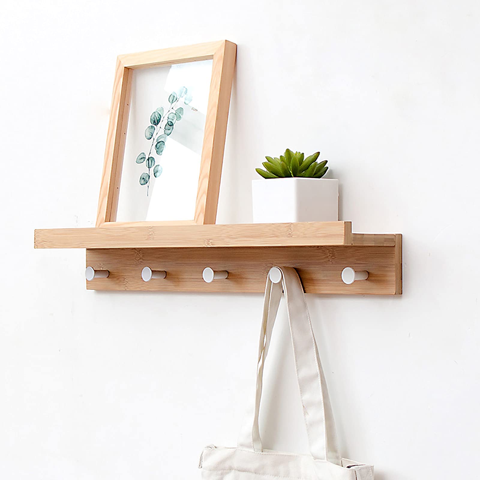 SaryEdge Bamboo Wall Shelf with Hook for Hallway Bathroom Bedroom Floating Shelf nizer,Bamboo,Bamboo