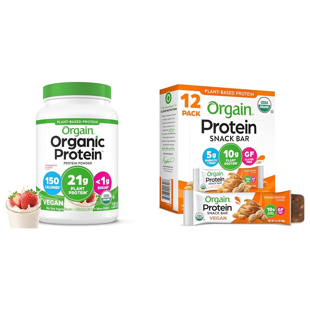Bundle of Orgain Organic Vegan Protein Powder, Strawberries & Cream - 21g Plant Based Protein, 2.03lb + Orgain Organic Vegan Protein Bars, Peanut Butter - 10g Plant Based Protein, Pack of 12