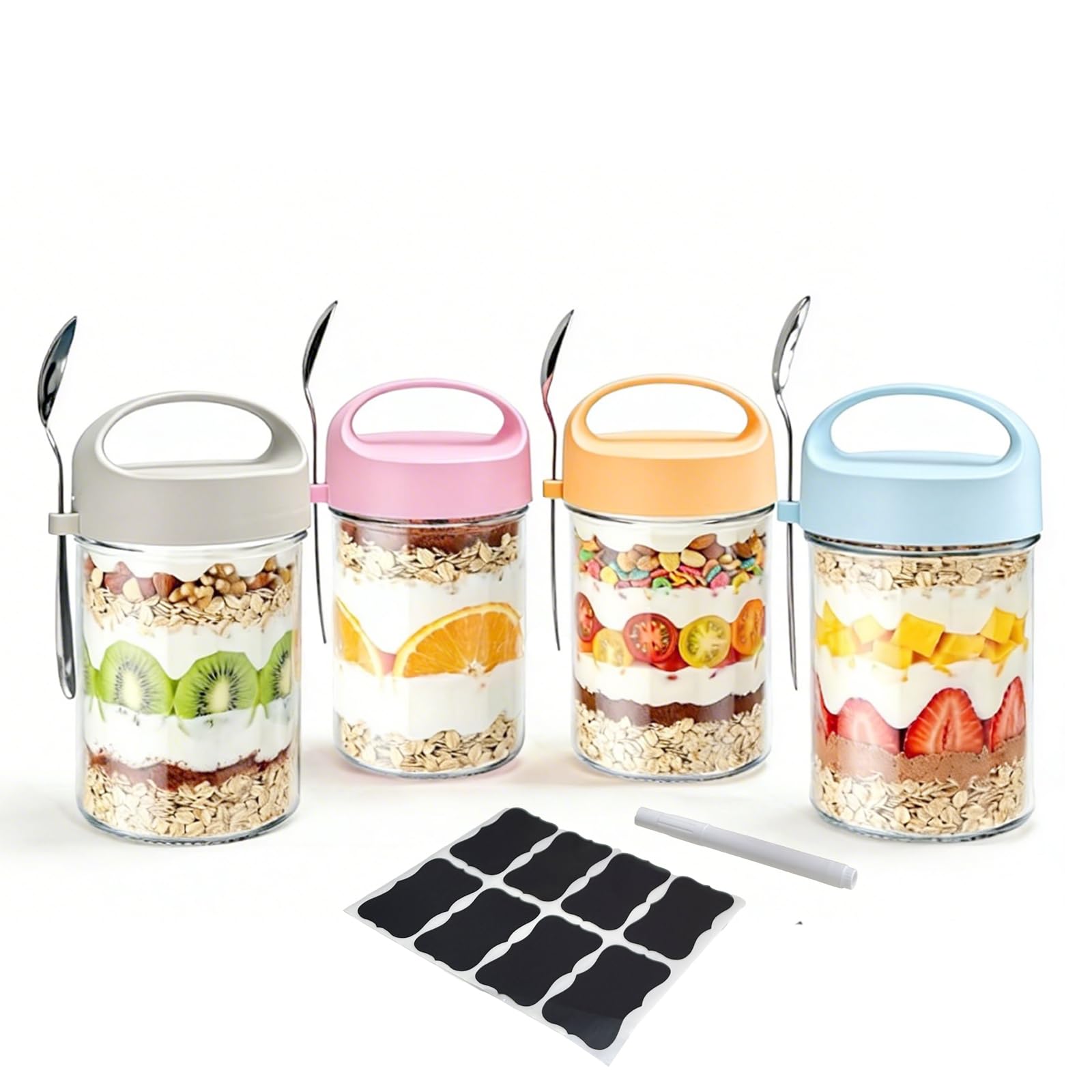 Yumzxin Glass Jars with Lids & Spoons – 4-Pack 14 oz Airtight Containers with Handle for Portion Control, Overnight Oats, Yogurt, Salads & Meal Prep