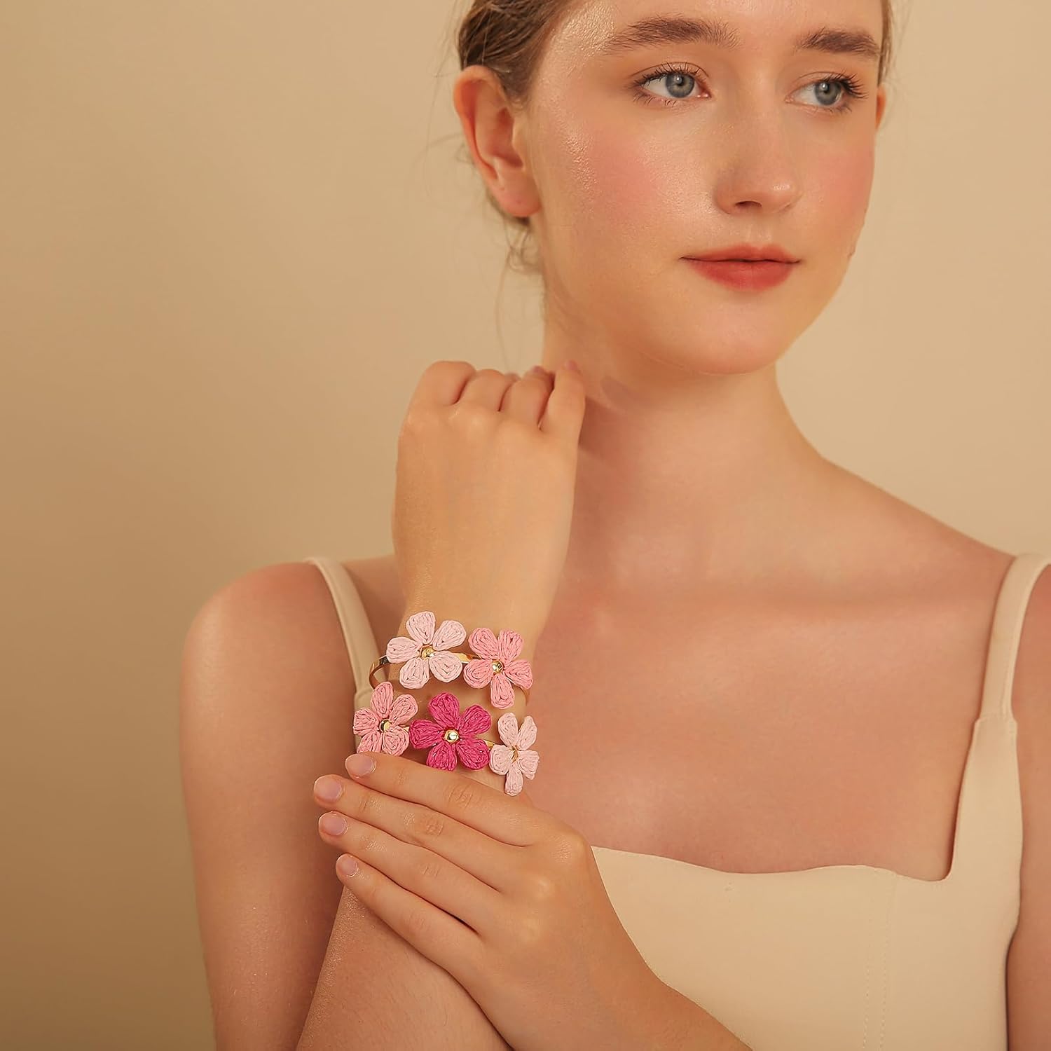 Handmade Raffia Flower Cuff Bracelet for Women - Colorful Adjustable Wide Open Bangle, Statement Tropical Floral Jewelry for Beach - Image 2