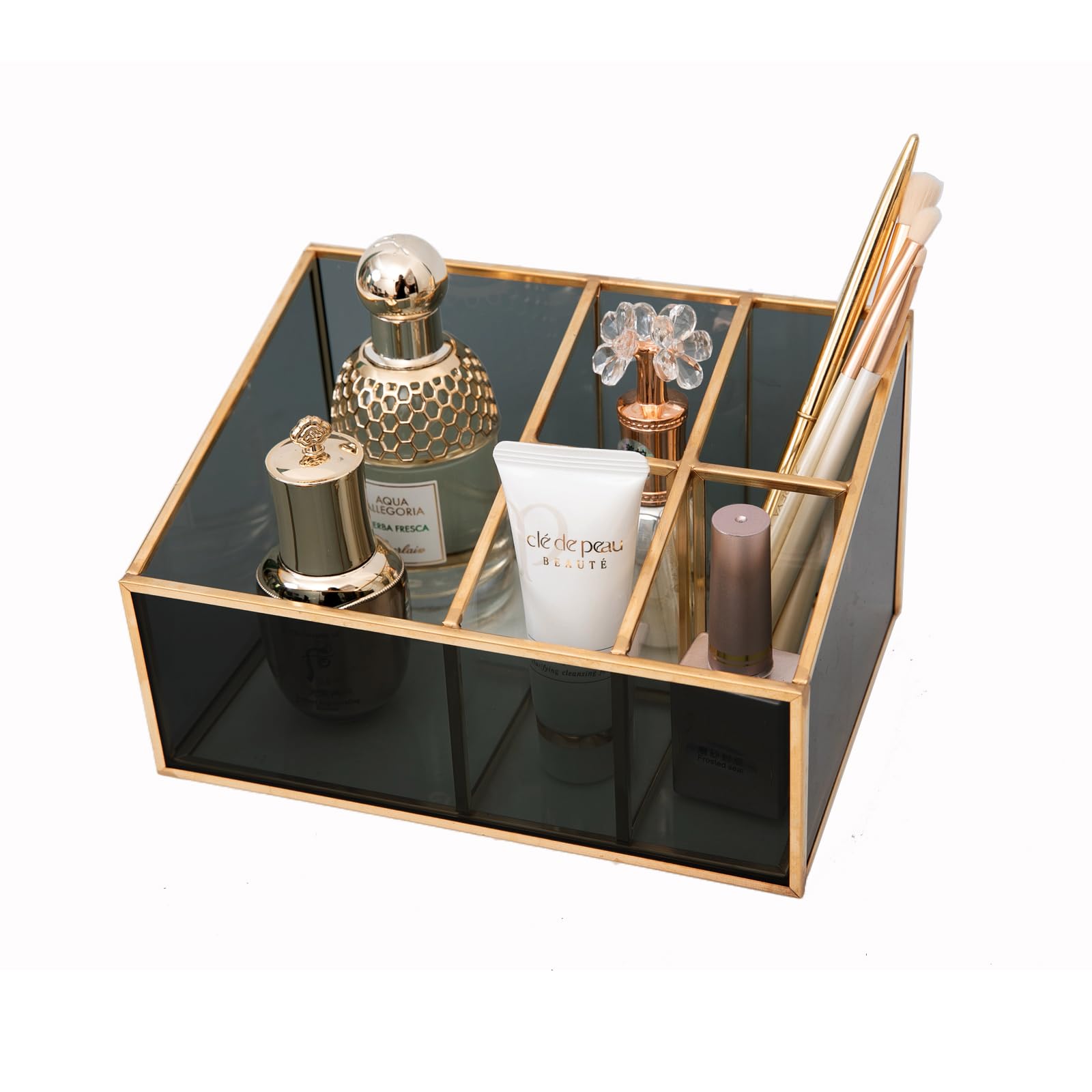 HARLIANGXY Makeup Organiser with 5 Compartments, Vintage Cosmetic Organizer Glass, Makeup Brush Holder Brass