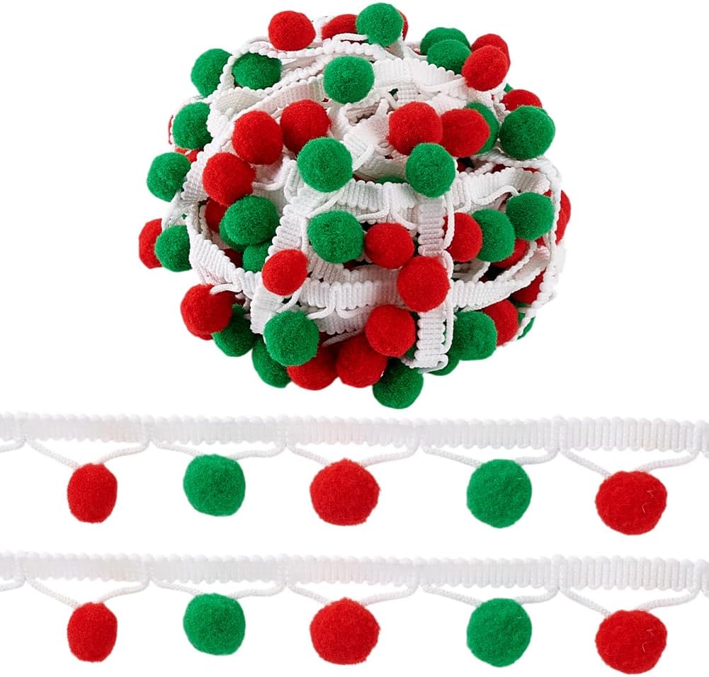 PH PandaHall 7.6 Yards Pom Pom Ball Fringe Trim Green Red Fringe Ball Trim 1 inch Wide Balls Ribbon Garland Ribbon Christmas Ribbons Sewing Tassel Lace for Christmas Decor Clothes Dress DIY Crafts