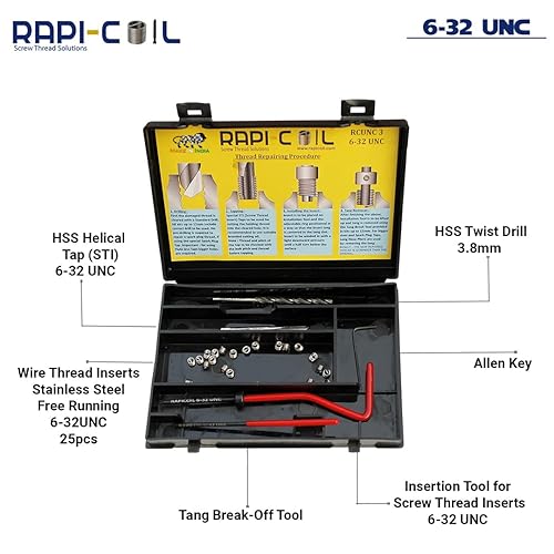 Miniatura 4 de RAPI-Coil 6-32 UNC Kit de reparación de roscas Acero inoxidable 304 Acero de alta velocidad M2
