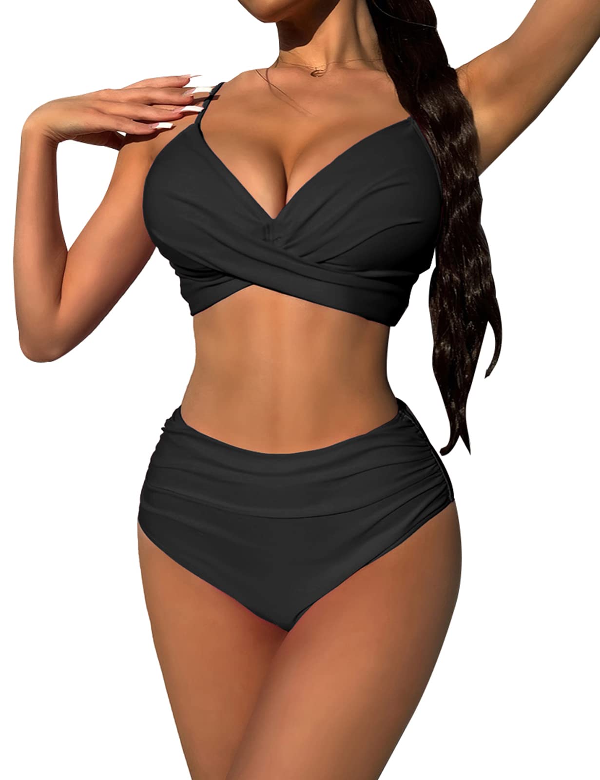 Size M Women High Waisted Bikini Two Piece Tummy Control V Neck Swimsuit Twist Push Up Swim Crop Top Vintage Bathing Suit Swimwear