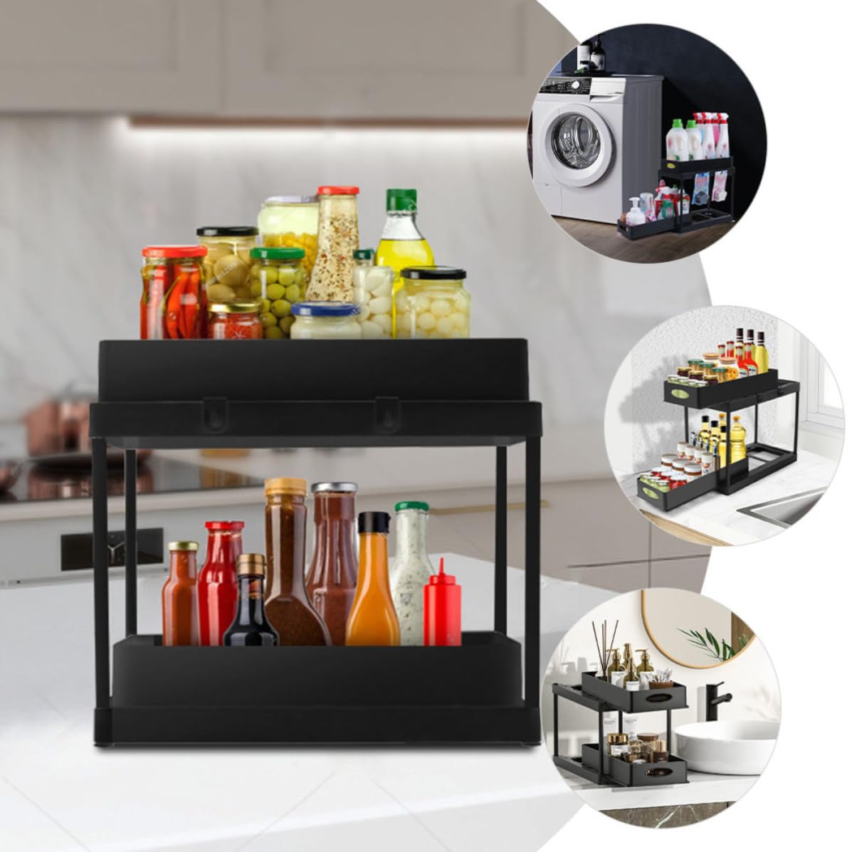 Organizer Sottolavello Cucina a 2 Livelli Scorrevole in ABS Nero