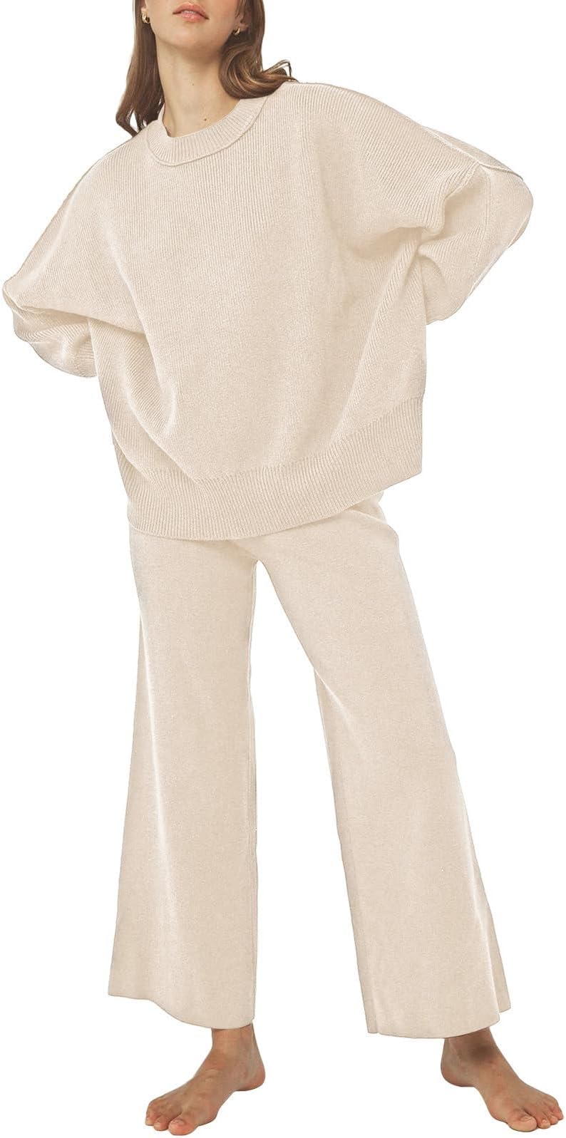 Women's 2 Piece Outfits Sweater Sets Knit Pullover Tops And Wide Leg Pants Loose Tracksuit Lounge Set