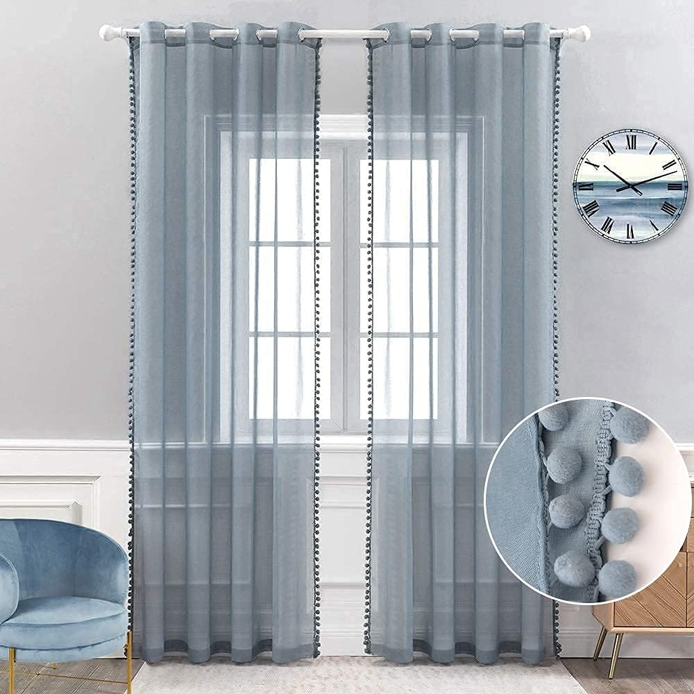 MIULEE Pom Pom Tasseled Sheer Window Curtains Grommet Top for Bedroom Semi Transparent Linen Look Curtain Panels for Light Filtering W 54 x L 90 Inches 2 PCs Dusty Blue
