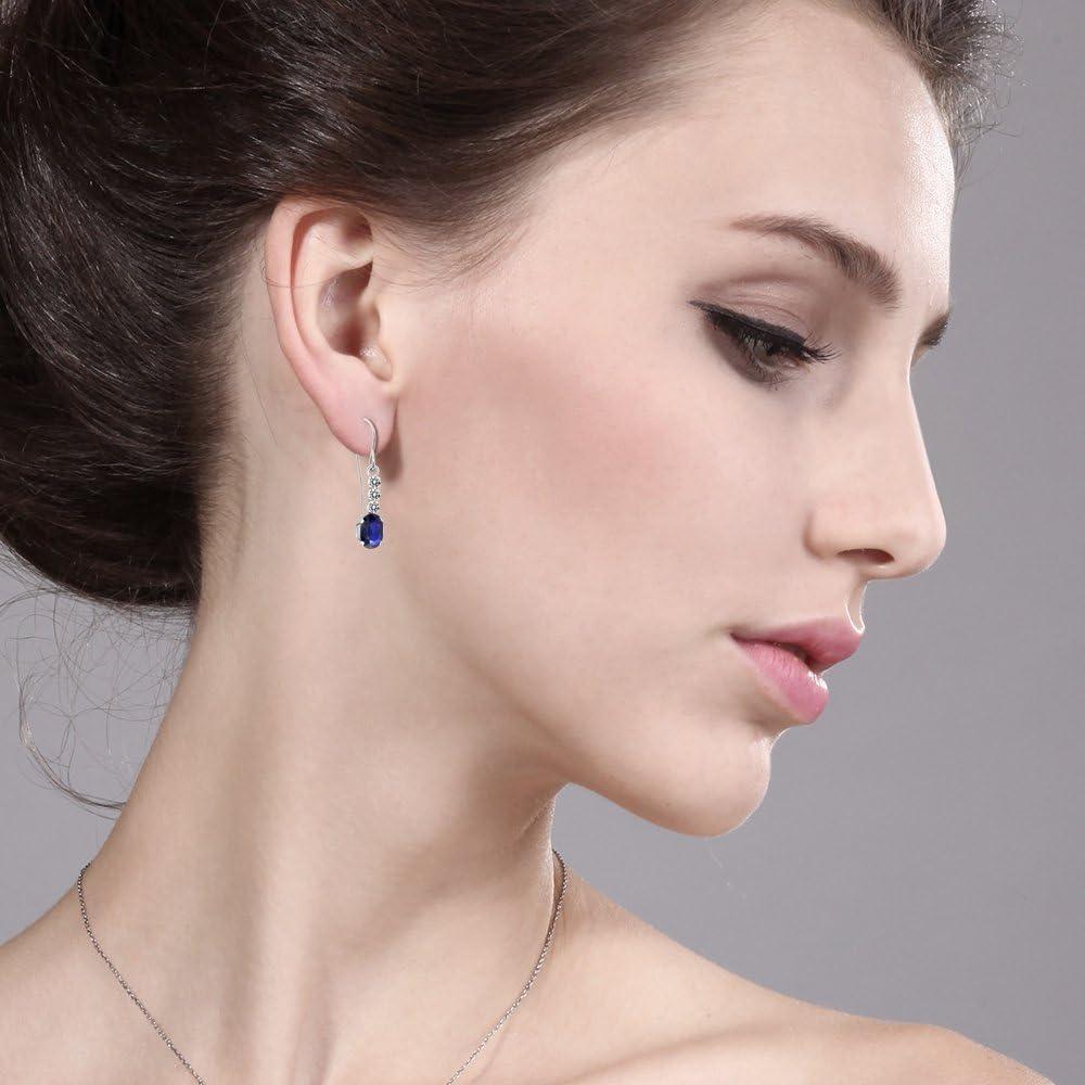 Gem Stone King 10K White Gold Blue Sapphire and White Diamond Drop Dangle Earrings For Women | 1.10 Cttw | Gemstone September Birthstone | Oval 6X4MM | Fine Jewelry Gifts for Women Mom Wife Her