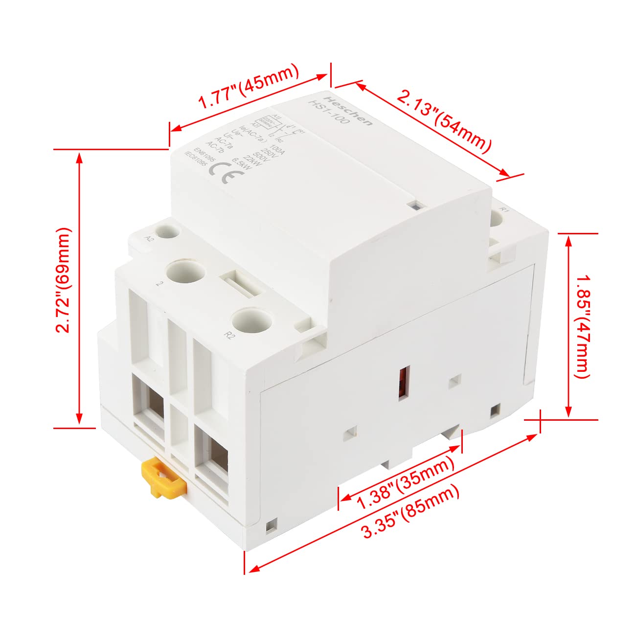 Heschen Contactor de CA para el hogar, HS1-100, Ie 100A, 2 polos 1NO 1NC, voltaje de bobina AC 220/230V, montaje en riel DIN de 35mm