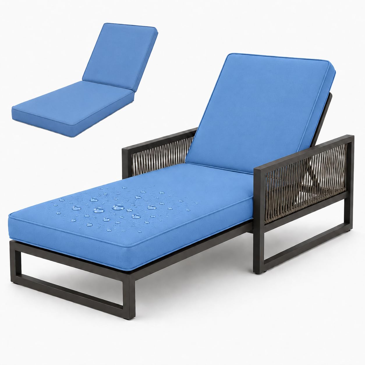 AZMAHT Sunlounger Cushions Only, Waterproof Thick Padded Sun Lounger Cushion for Garden Rattan Chairs, 50D Foam Recliner Replacement Pad with 6 Ties & Piping,Sky Blue 2,183x53x10cm
