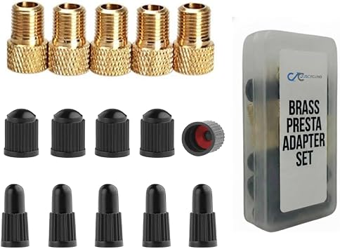 Presta Valve Adapter Set Convert Presta to Schrader for Bike and e-Scooters Convenient Bicycle Tire Inflation with Standard Air Pump Inflator & Compressors 5 Adapters + 10 Caps with Case