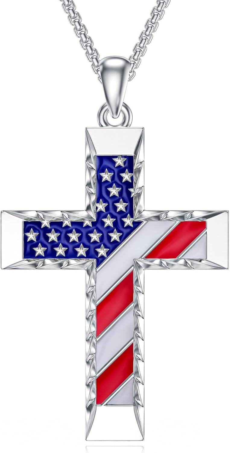 MONGAS American Flag Necklace Sterling Silver Cross Red White and Blue Necklace American Flag Cross Jewelry for Men Women