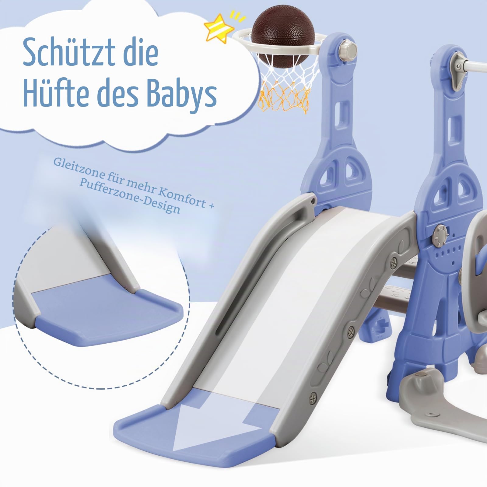 Kinderrutsche Outdoor 4-in-1,Multifunktionale Kinder Rutsche mit Schaukel,Basketballkorb und Kletterleiter,Freistehende Rutschen Für Kinder,Ideal für drinnen und draußen (Blau)
