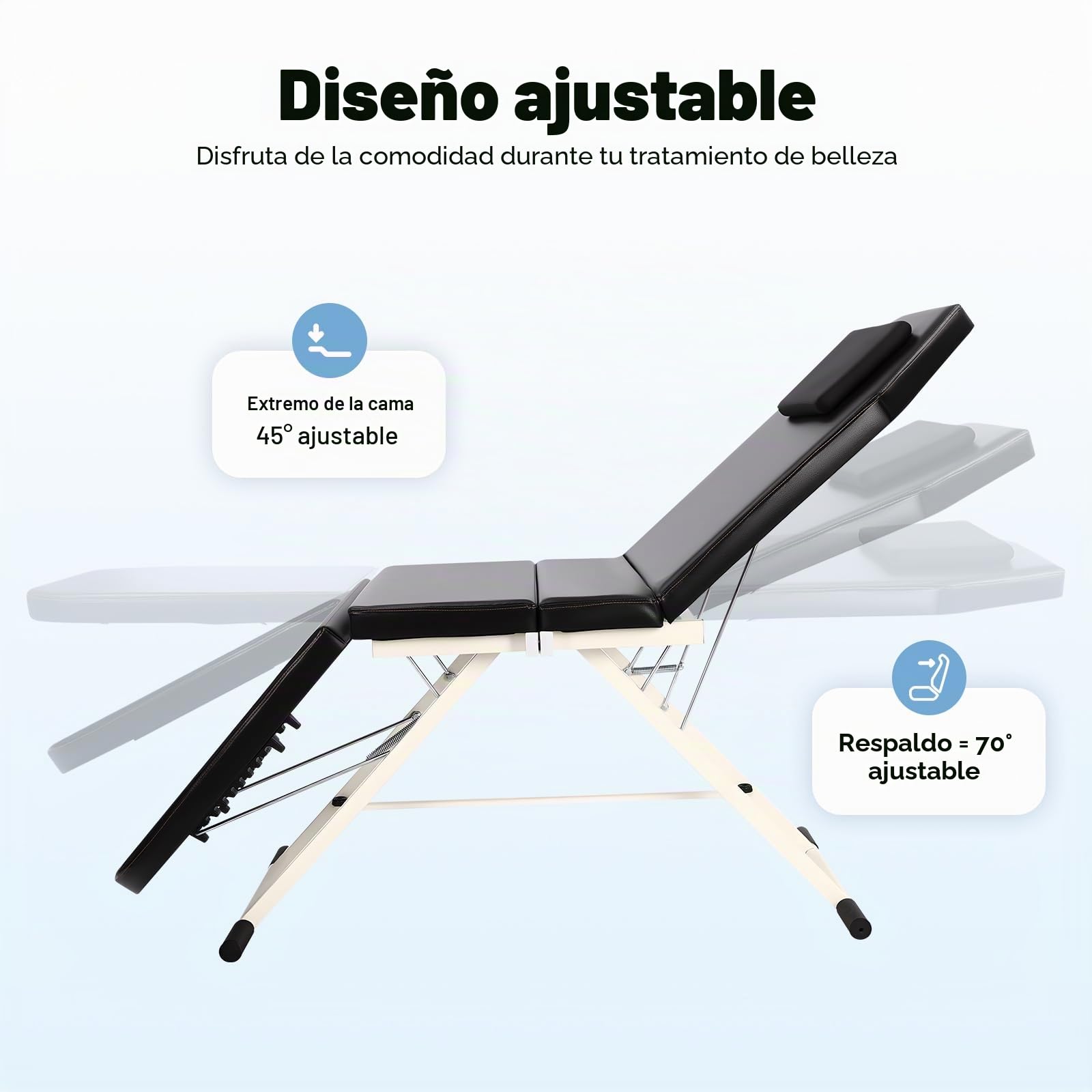 Camilla de masaje móvil plegable, cama de masaje de 3 zonas, ángulo ajustable del respaldo y de los pies de la cama, mesa de masaje, amplia con reposacabezas, color negro