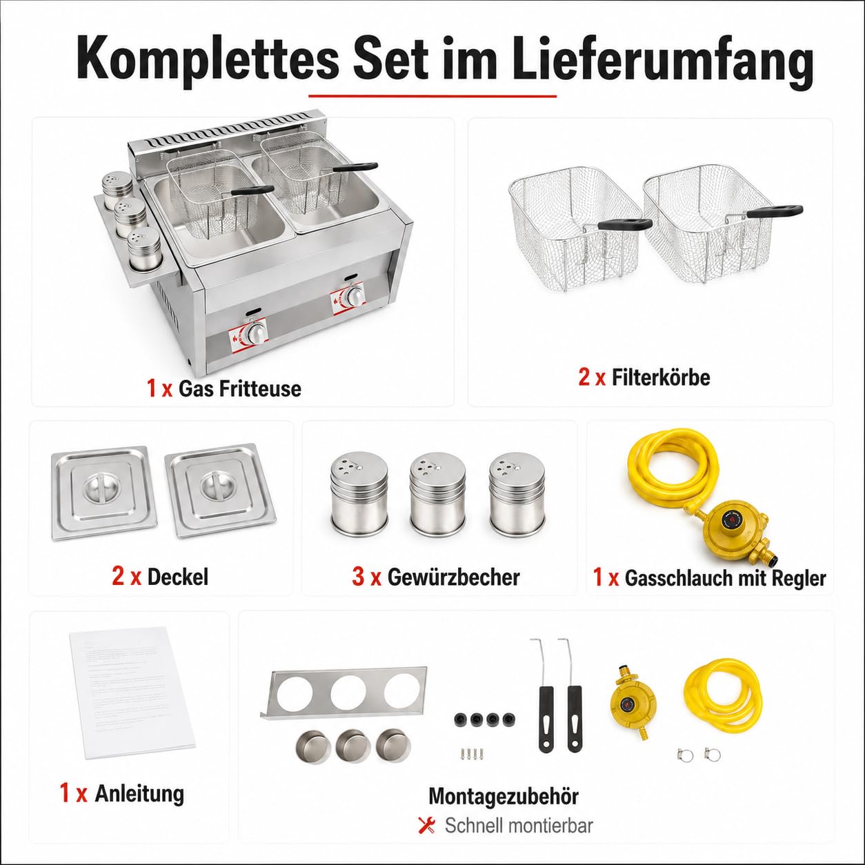 Gas Fritteuse, Doppeltank 2x6L, 50-380°C, Edelstahl, Gastronomie | 430 Edelstahl,genietet,LPG,Deckel,Körbe,Abtropfhaken,Gewürzbecher,Antirutschfüße,Wärmeabzug,Flammfenster,energiesparend